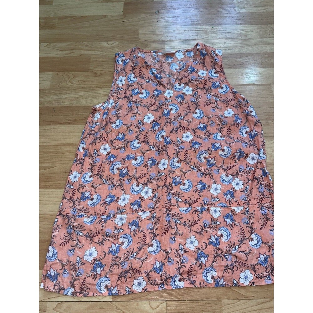 J Jill Love Linen Sleeveless Floral Tunic Top Split Neck Pockets Medium